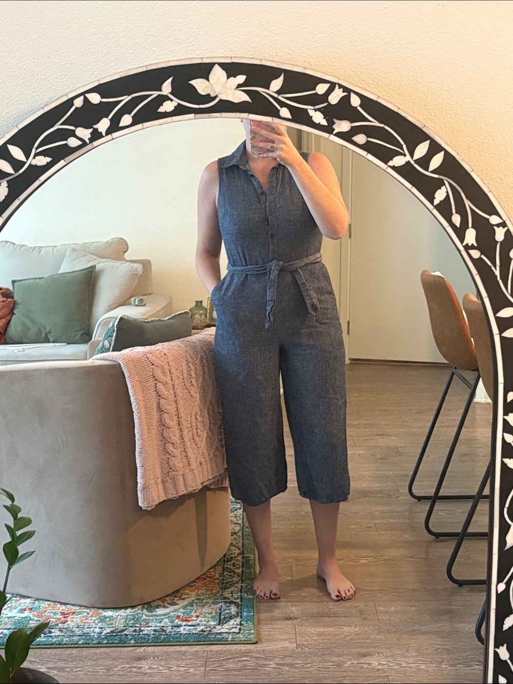 Sleeveless Dark Blue Denim-Effect Wide-Leg Jumpsuit with Self Tie